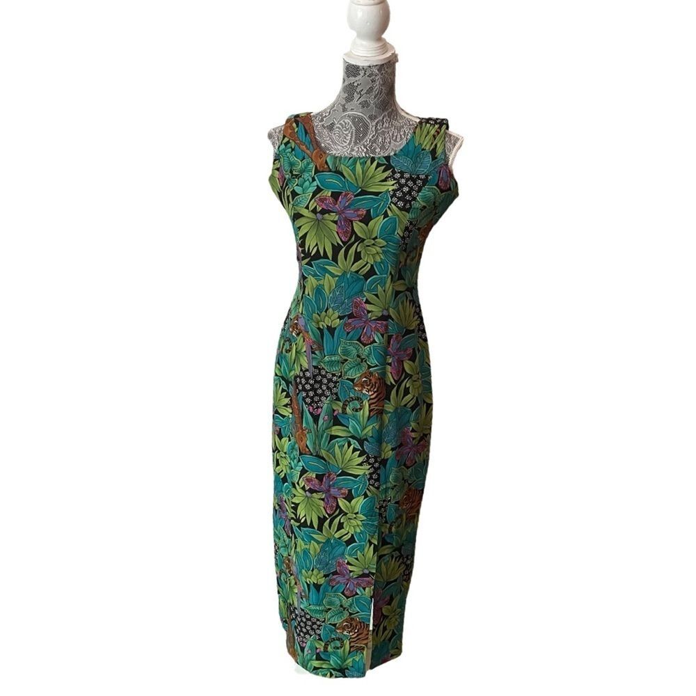 VINTAGE 90s Spenser Jeremy Leaves Jungle Animal Butterfly Print Silk Dress